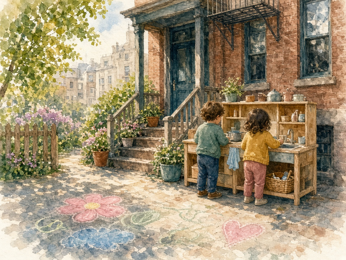 Stoop and yard play behind a Dorchester house