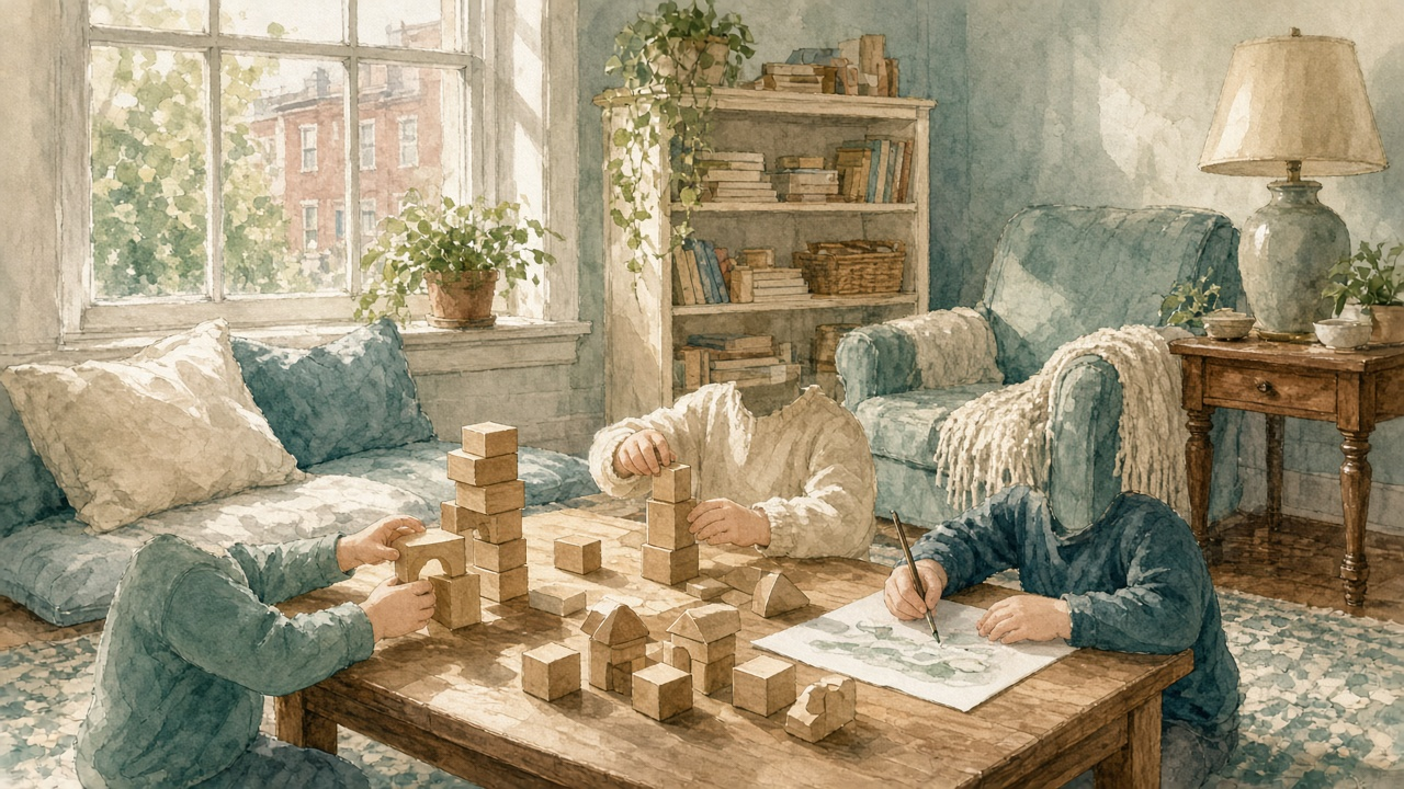 Children's hands at a low table with blocks in morning light