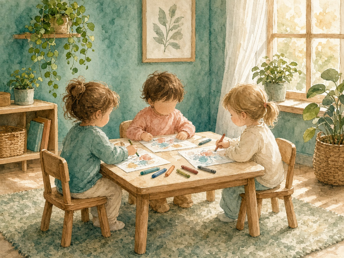 Toddlers at a low table with crayons
